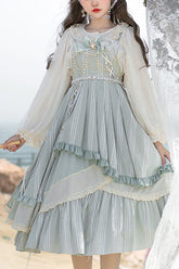 Light Blue Ribbed Chiffon Juniors Sweet Lolita JSK Dress (Belt & Chain are included)